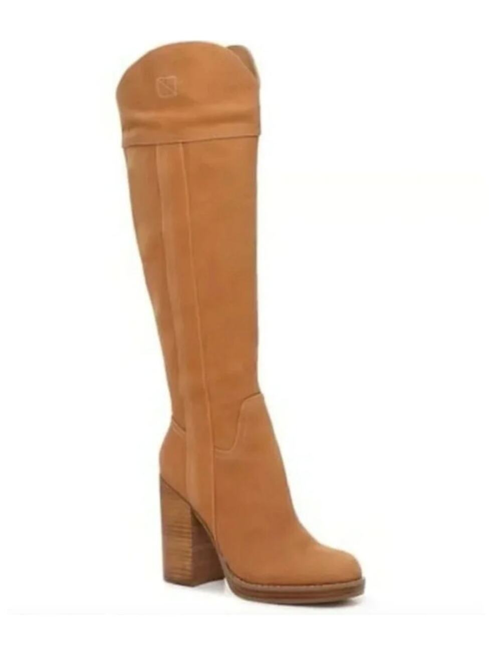 J Lo Parid Over the Knee Boots 8 Tan Brown Leather Heel OTK Glam Academia Prep